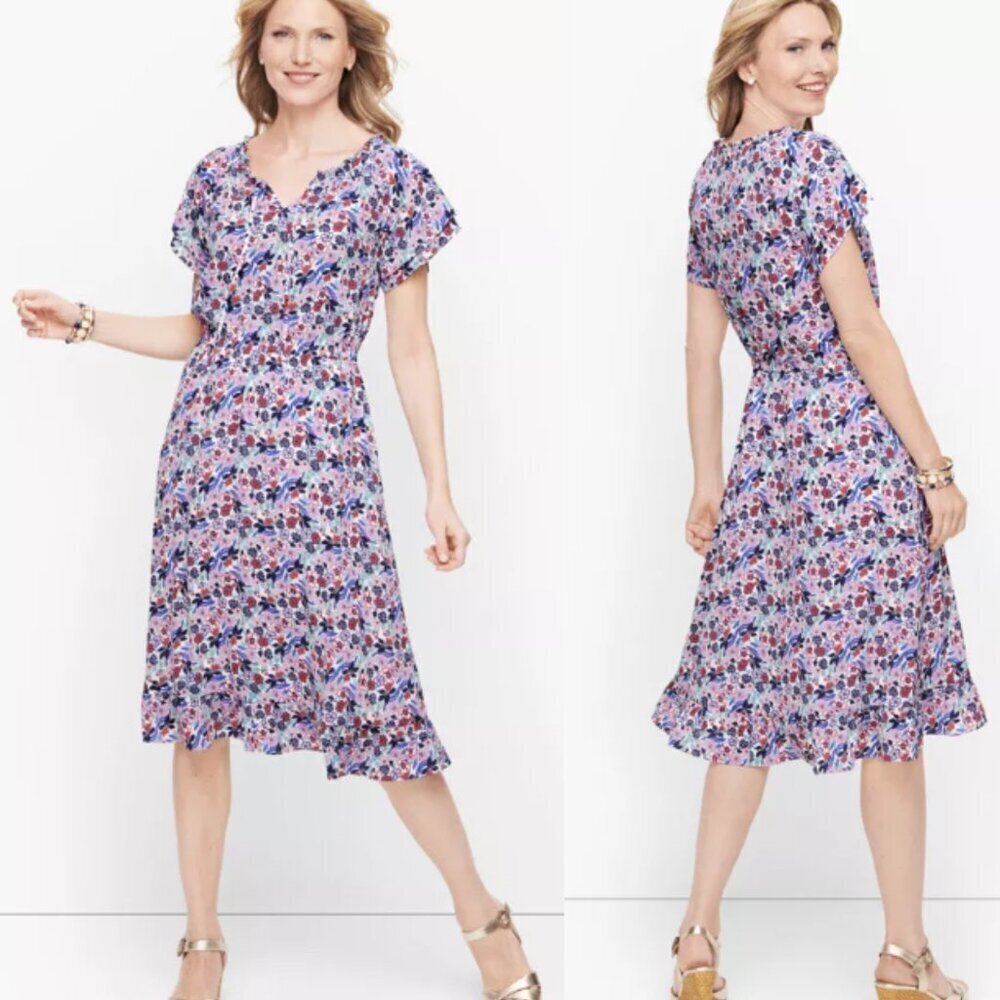 Talbots Paradise Floral Print Flutter Sleeve Popover Dress 29531 - Picture 2 of 15